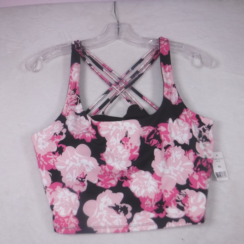 DIP Women's Active Swim Top Pink Black Floral Criss Cross Straps Size XL NWT